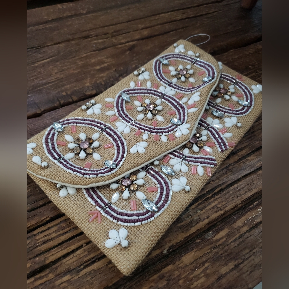 Charlie Paige Beaded Clutch in Tan